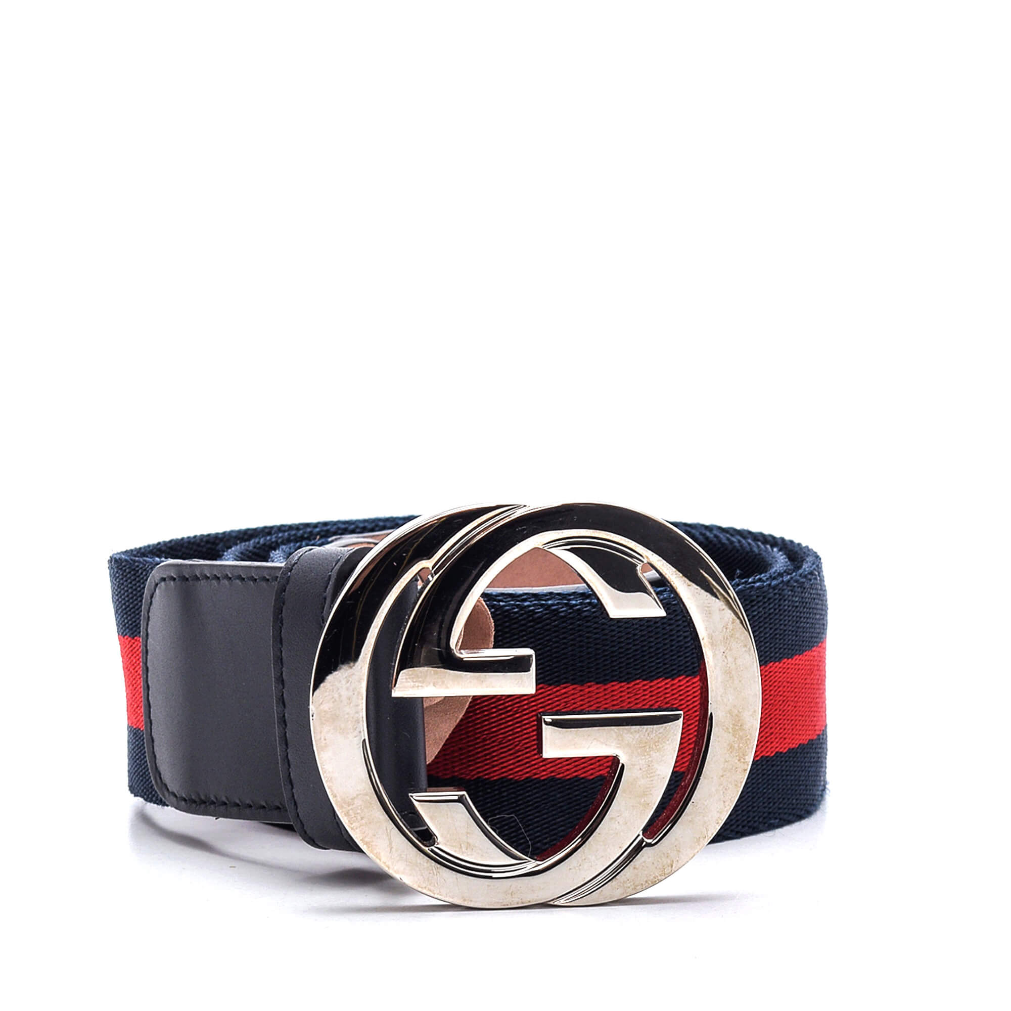 Gucci - Navy Leather GG Buckle and Web Stripe Belt